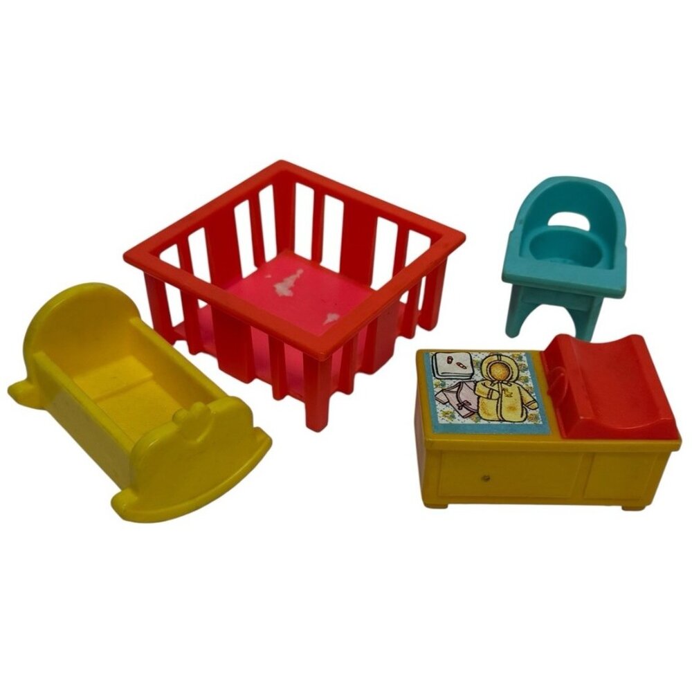 4 PC LOT Vintage Fisher Price Little People Nursery Set 761 Crib Changing Table+